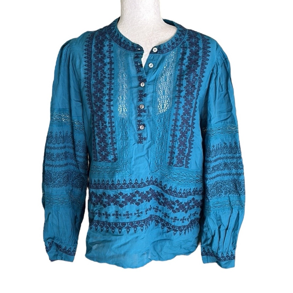 Sundance Amara Teal Green Blue Embroidered Puff Sleeve Crochet Lace Blouse - S